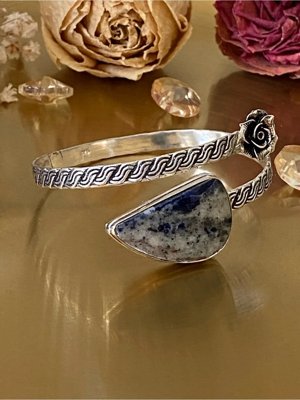 Sodalite Hand Crafted Flower Bypass Bangle